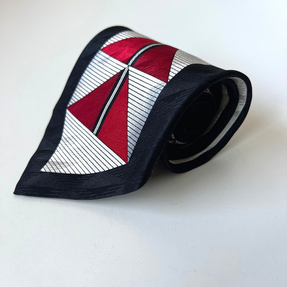 Luciano Gatti Italy Geometric Silk Tie Red Black Silver Abstract Vintage 90s